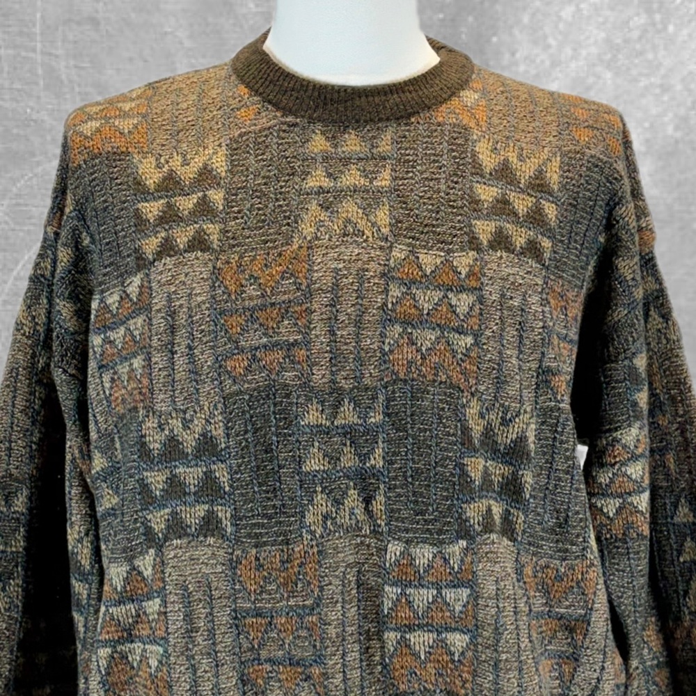 VINTAGE 80s 90s earthy geometric plaid knit sweater mens‎ crewneck Towncraft